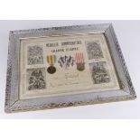 WW1 French War and Defence medals with award citation in frame.
