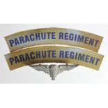 Badges a pair of printed cloth Parachute Regt s/titles and a Free French Para cap badge.