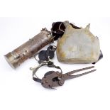 WW1 Military equipment including wire cutters, trench art, water bottle, cavalry spurs etc. (Buyer