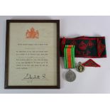 WW2 Women's Land Army arm band Defence medal badges and framed service scroll etc., to Miss A A