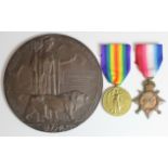 1915 Star & Victory Medal + Death Plaque to G-5638 Pte A J Hatcher R.W.Kent.Regt. Plaque named