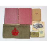 WW1 Denby armband with WW1 Bible, booklet, match box covers, Ypres photos etc.