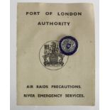 Rare Air Raid Precautions Badge with documentation. Port of London Authority River Emergency