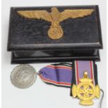 German Nazi Air Defence Medals x2 different, plus a small desk box with Navy Eagle to lid. (3)