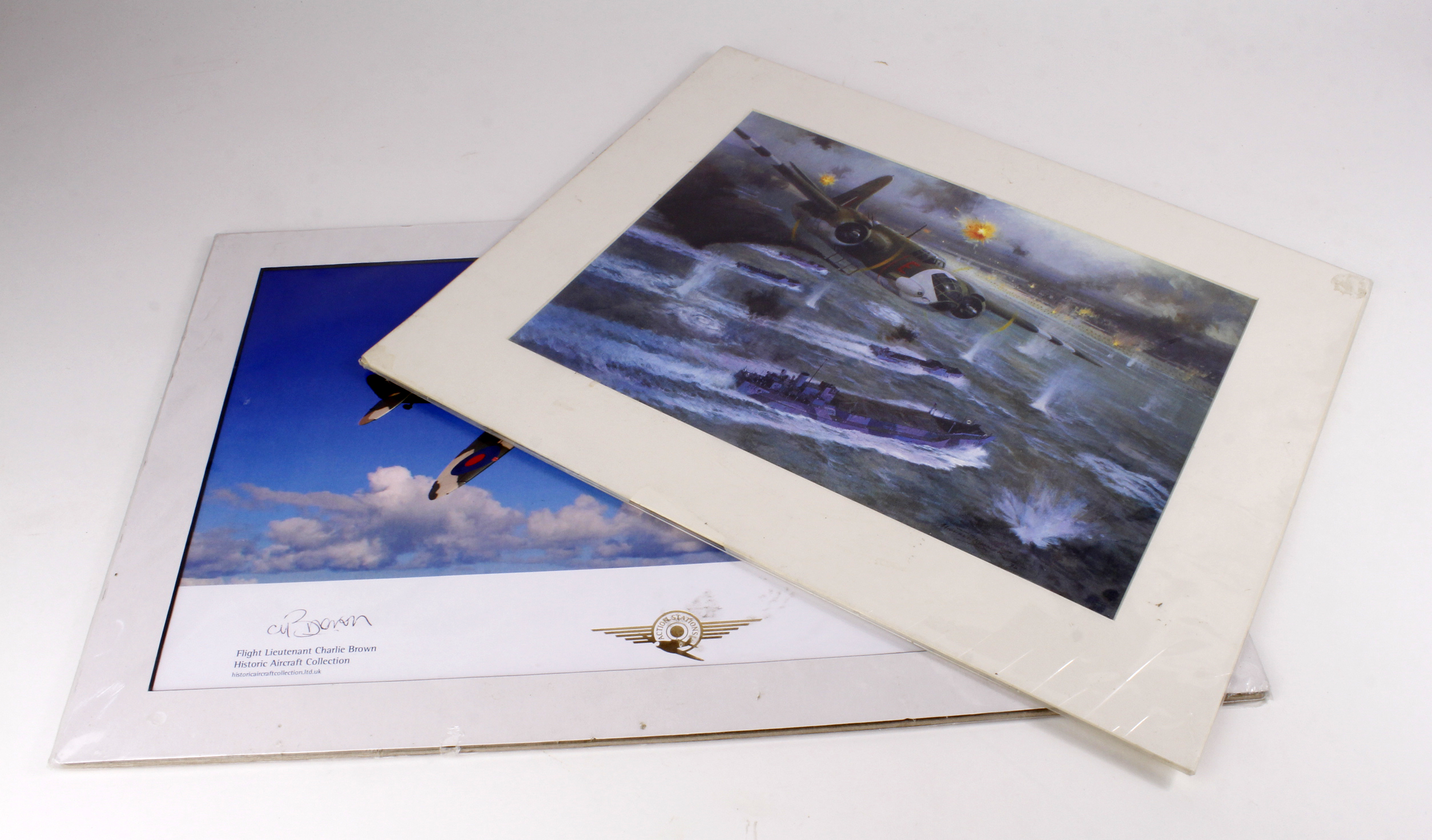 Coloured prints Douglas Boston aircraft full details on reverse also Spitfire in Flight signed by