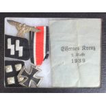 German Nazi Iron Cross 2nd Class + Packet, SS runic Collar and Cap Eagle in display case