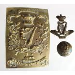 Badges Irish interest a belt plate with unfinished hook to reverse, plus a Victorian cap badge and