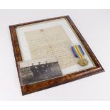 Victory Medal to 201525 Pte A.Green R.War.R. With a POW ? group photograph postcard and framed