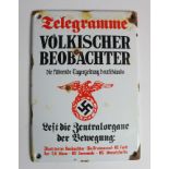 German enamelled wall plaque VOLKISCHER BEOBACHTER with eagle and swastika below 17cm X 12cm.