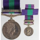 GSM QE2 with Malaya clasp (Capt G P Finlow REME), with matching miniature. (1+1)