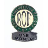 Badge, WW2 period, R.O.F. (Royal Ordnance Factory (probably)). Good timekeeping record - No.57 - one