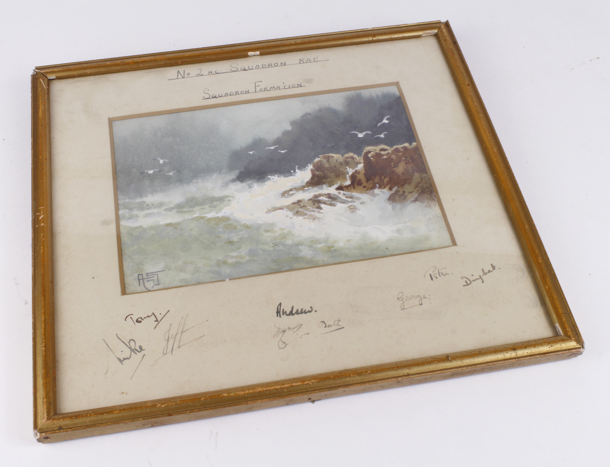 Watercolour of Rocks and Sea signed bottom left AS to No 2 a.c. Squadron RAF Squadron formation