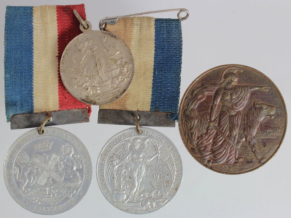 WWI Tribute and Peace Day Medals: 2x Plymouth Peace 1919 medals aluminium with ribbons, Australia