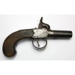 19th century box lock percussion pocket pistol having a 4.5cm turn off barrel the lock plates
