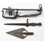 Miscellaneous lot - an old iron Gin Trap, an old Spear Head and an old Steel Dagger (one quillon