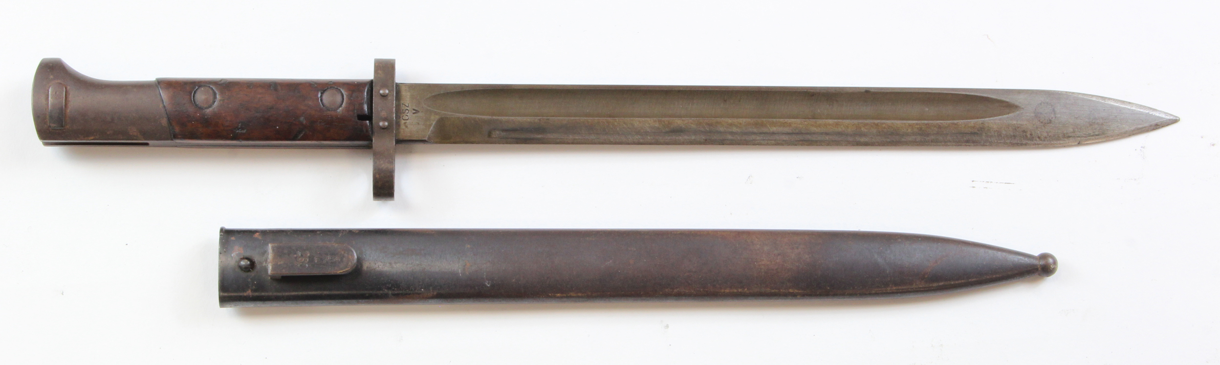 Bayonet - Czech Model V2-24 short blade 12". Ricasso marked 'CSZ' in its steel scabbard. The whole