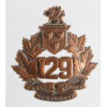 Canadian WW1 129th (Wentworth) Overseas Battalion Cap Badge