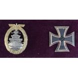 German Iron Cross 1st class solid for Naval use, pin marked 113 and a High Seas Fleet war badge by