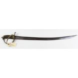 Sword - an unmarked European hanger short curved blade 24" with top fuller. Plain stirrup hilt