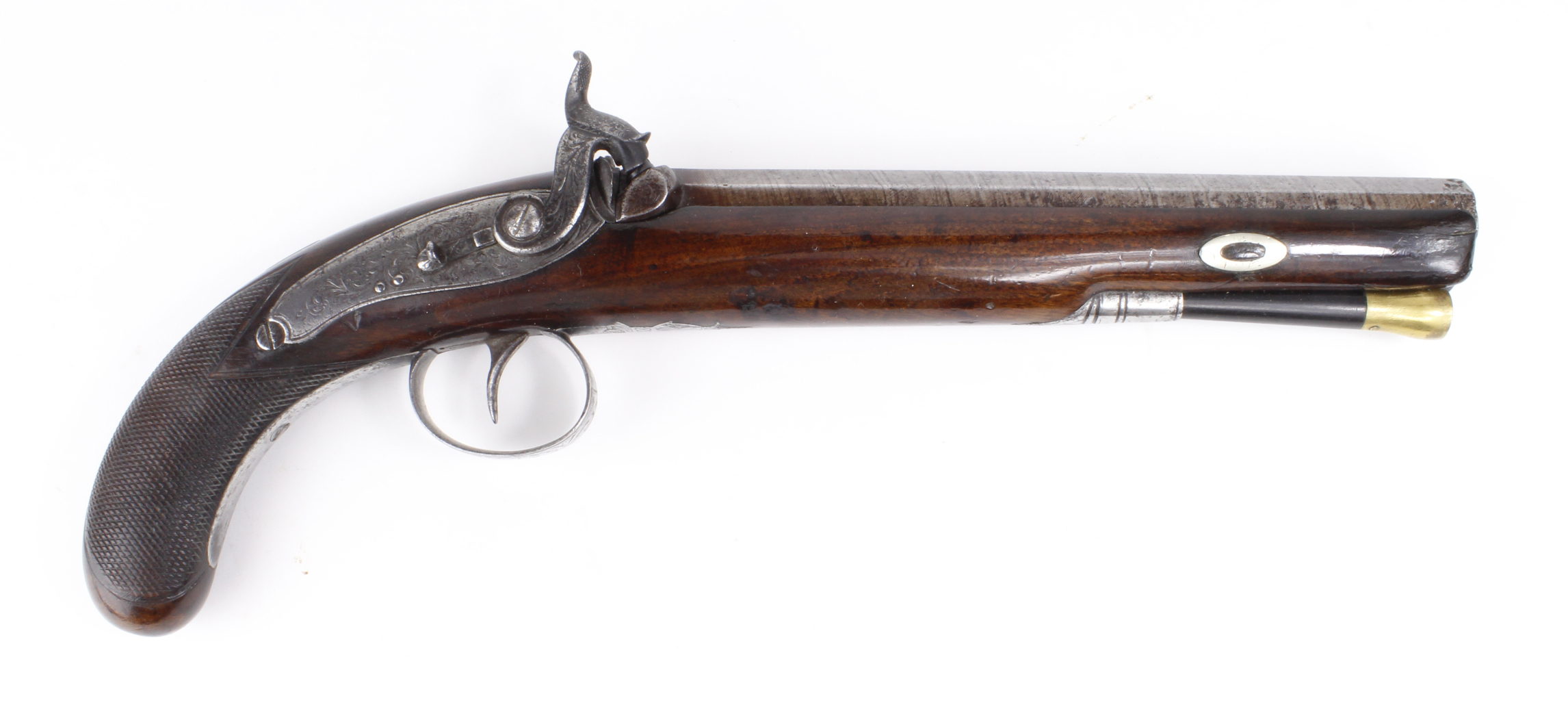 19th Century percussion duelling pistol with 9 inch barrel back action, engraved lock with safety