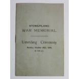 Stowupland, Suffolk scarce war memorial unveiling ceremony programme Sunday October 24th 1920.