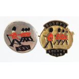 Guards badges (2) - one brass & enamel Busby's Sports Club badge & (2) XXV silver & enamel badge