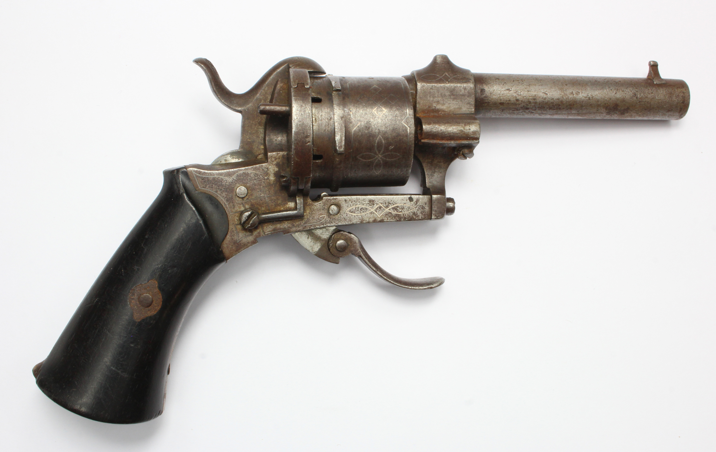 19th century Belgium pinfire revolver having 8cm barrel with wire inlay cylinder and frame 18cm.