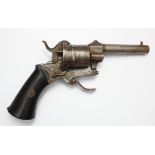 19th century Belgium pinfire revolver having 8cm barrel with wire inlay cylinder and frame 18cm.