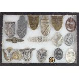 German Nazi Arm Shields, plus Army and Luftwaffe Badges in display case (17)