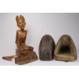 Box of Wooden Carved objects inc pair of South American Stirrups. (seated figure damaged). Sold as