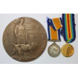 BWM and Victory Medals with memorial plaque to 23237 Private William Rogers, 7th Battalion Royal