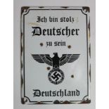 German enamelled wall plaque "Ich bin stolz Deutscher" ( I am a proud German) with eagle and