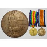 BWM and Victory Medals with memorial plaque to G/21311 Private Walter Matthews, 7th Battalion