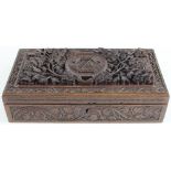 Central India Horse superb carved wooden cigarette box, key missing, no inserts.