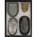 German Nazi metal arm badges inc Cholm 1942, Kuban 1943, Narvik 1940 and Demjansk 1942. Housed in