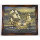 Oil painting of Naval Engagement in brown frame signed bottom left J.Harvey. (Buyer collects)