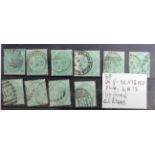 GB - QV 1/- green, SG117 and 150, Plates 4 to 13, total cat £1465. (10)