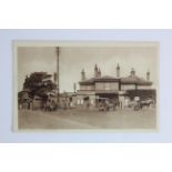 Railway station postcard. Saxmundham Suffolk (exterior, with horse and cart, motor vehicles),