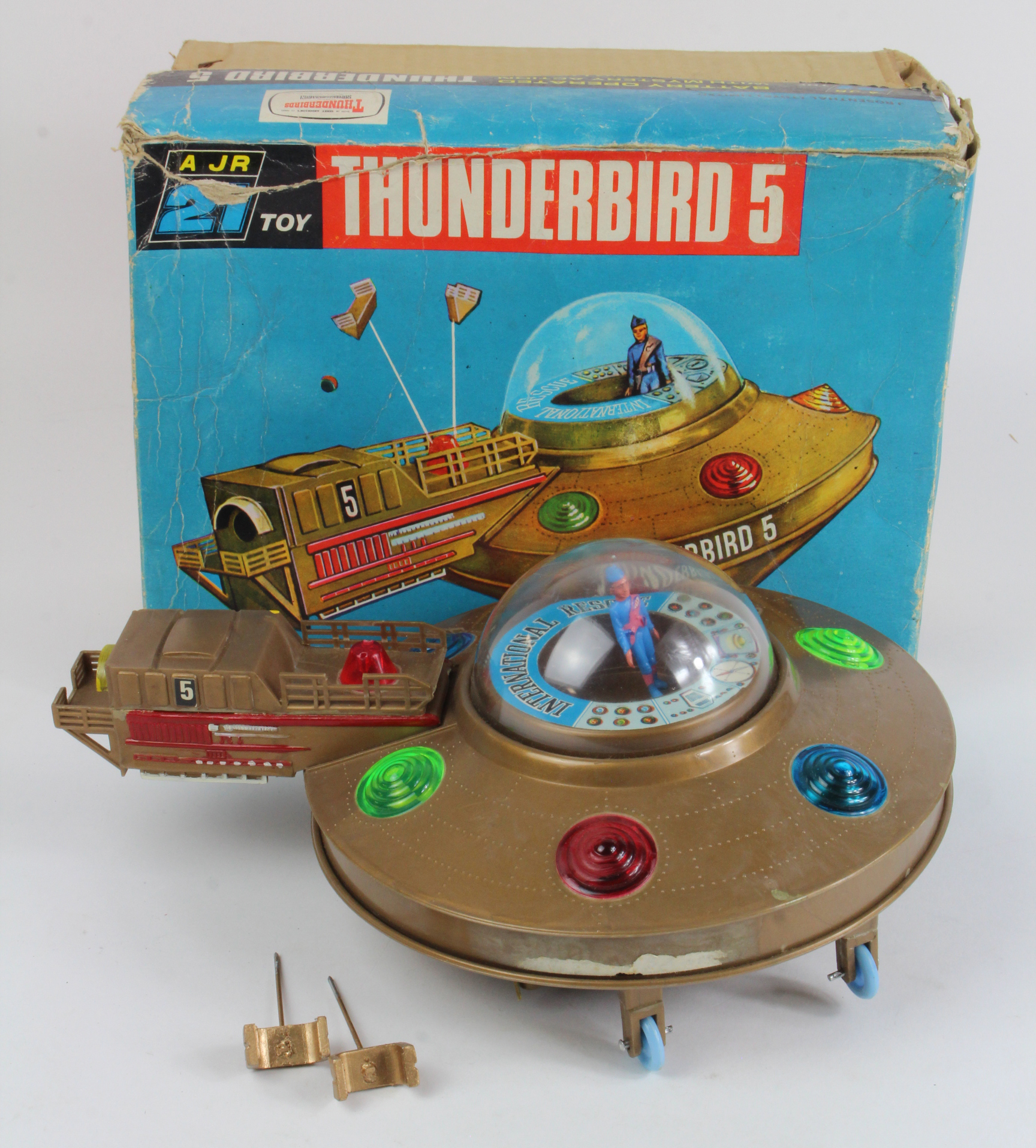 A JR 21 Thunderbird 5 battery operated Space Monitor toy, both antennas present, battery compartment