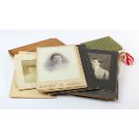 Small box containing carte de viste, cabinet cards, flowers of Palestine wooden album, etc