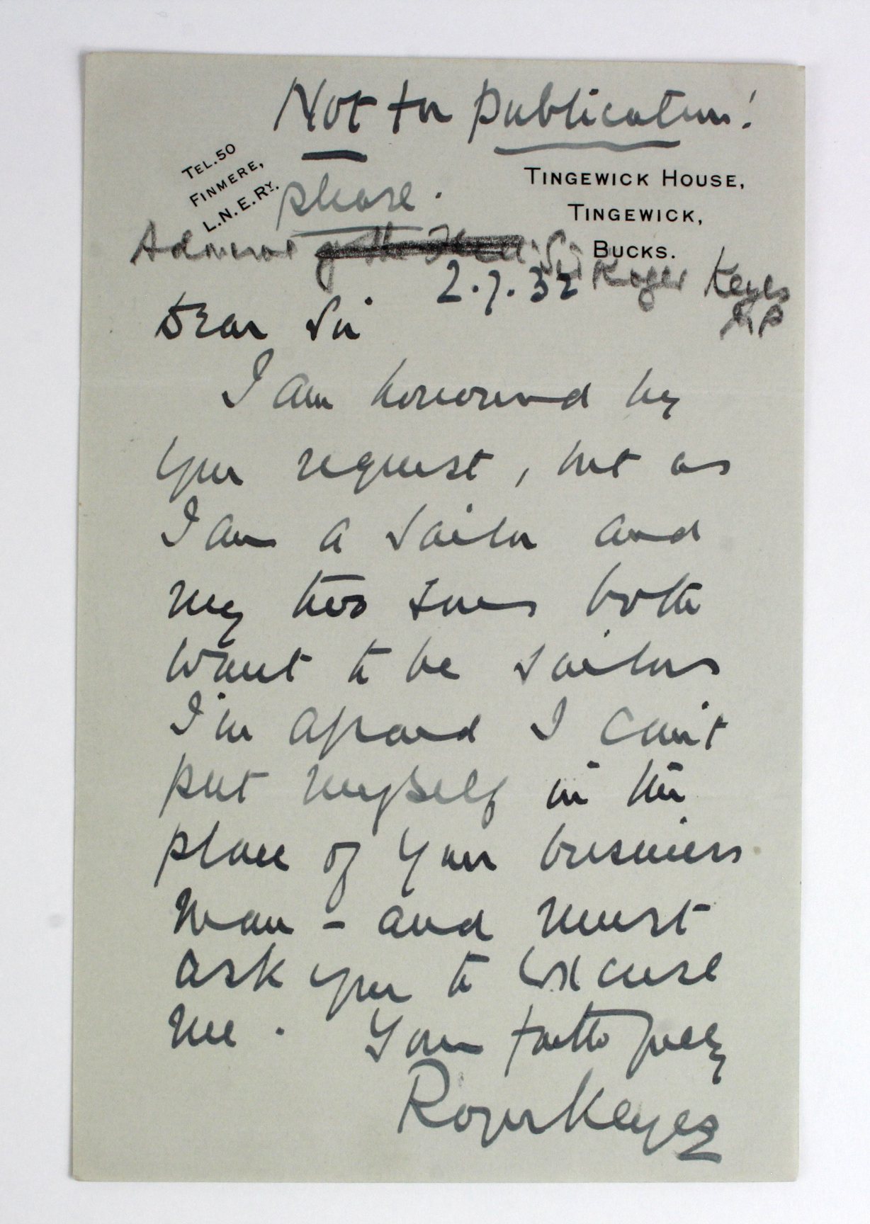 Admiral Roger Keyes, (1872-1945), Autographed Letter signed, one page 2nd July 1932 probably to