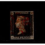 GB 1840 1d Penny Black (H-B) identified as likely Plate 3, 4 margins, no tears thins or creases, red