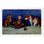 Louis Wain cats and dogs postcard - So this is the new Pet, is it?, postally used 1915.