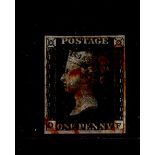 GB 1840 1d Penny Black (O-F) identified as likely Plate 6, 4 margins, no tears thins or creases, red