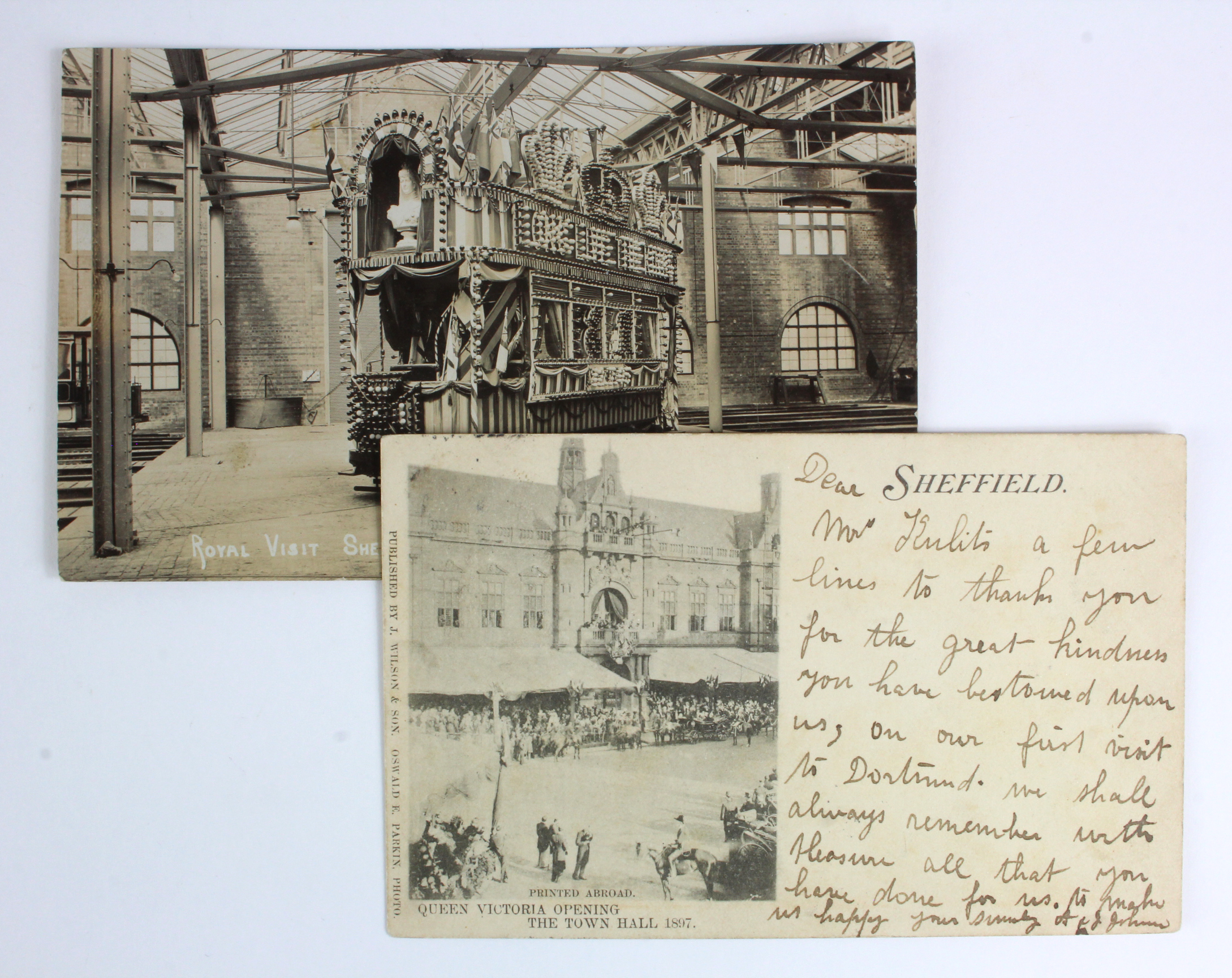 Royal visits to Sheffield Yorkshire postcards, with early royalty Queen Victoria opening Town Hall