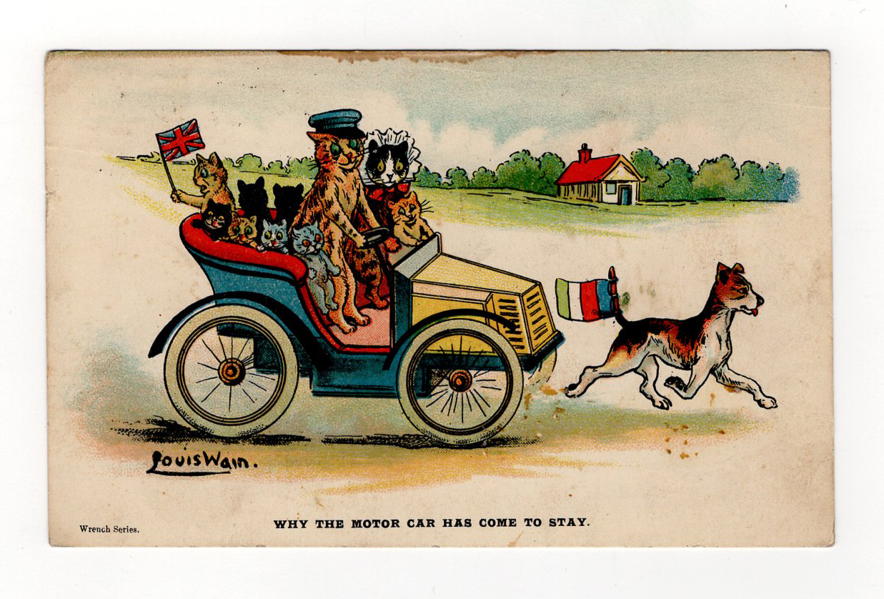 Louis Wain cats and dogs postcard - Wrench: Why the Motor Car has come to stay, postally used London