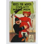 Suffragette postcard. Comic humour. National Series. Votes for Women. Down with mere men. In the