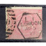 GB - QV 1874 5/- pale rose, white paper, SG127 Plate 2 used with London hexagonal duplex pmk, cat £