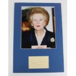 Thatcher (Margaret, 1925-2013). An original signature in blue ink for Margaret Thatcher, mounted