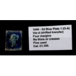 GB - 1840 2d blue Plate 1 (O-A) var.d (shifted transfer) four margins, no thins or creases, cat £